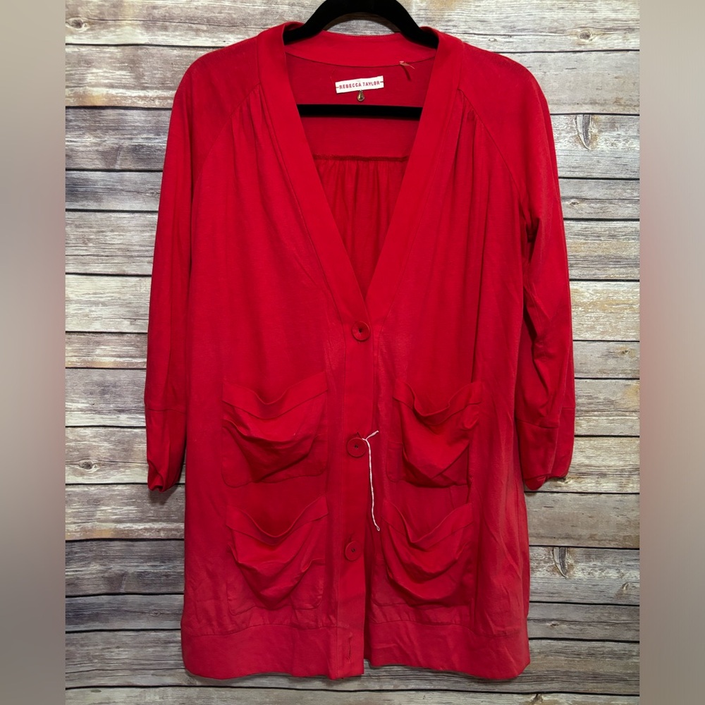 Rebecca Taylor Women's Size L Coral Cotton Cardigan Four Pockets 3/4 Sleeve B9